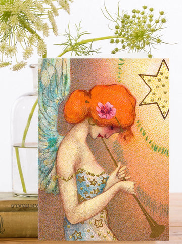 Carte de vœux pailletée - Ange rousse et trompette - La Muchette