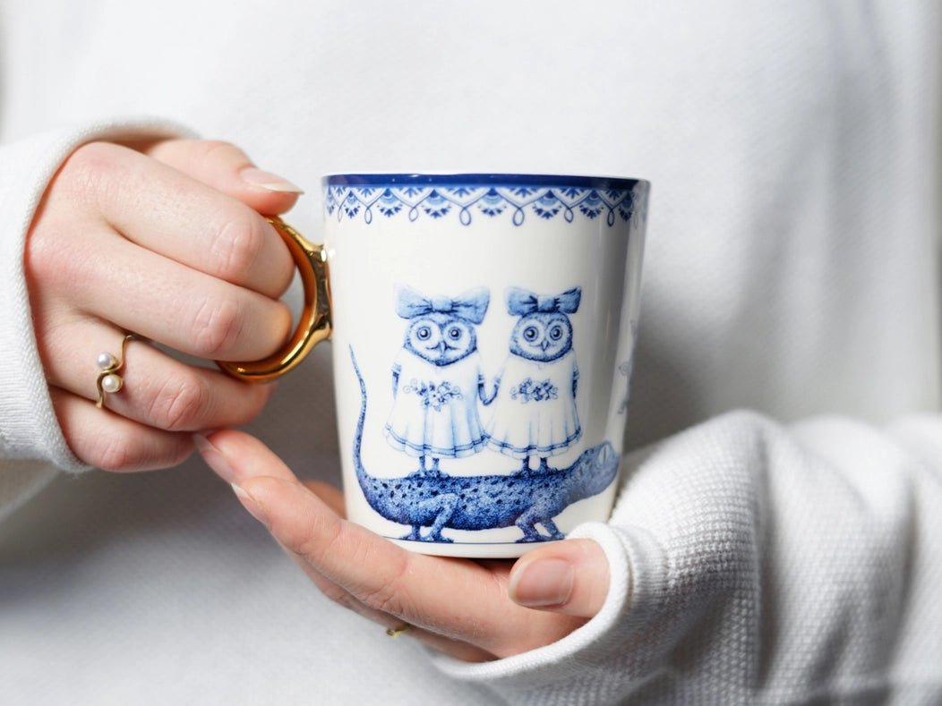 Tasse faïence - Chouettes jumelles et gecko - La Muchette