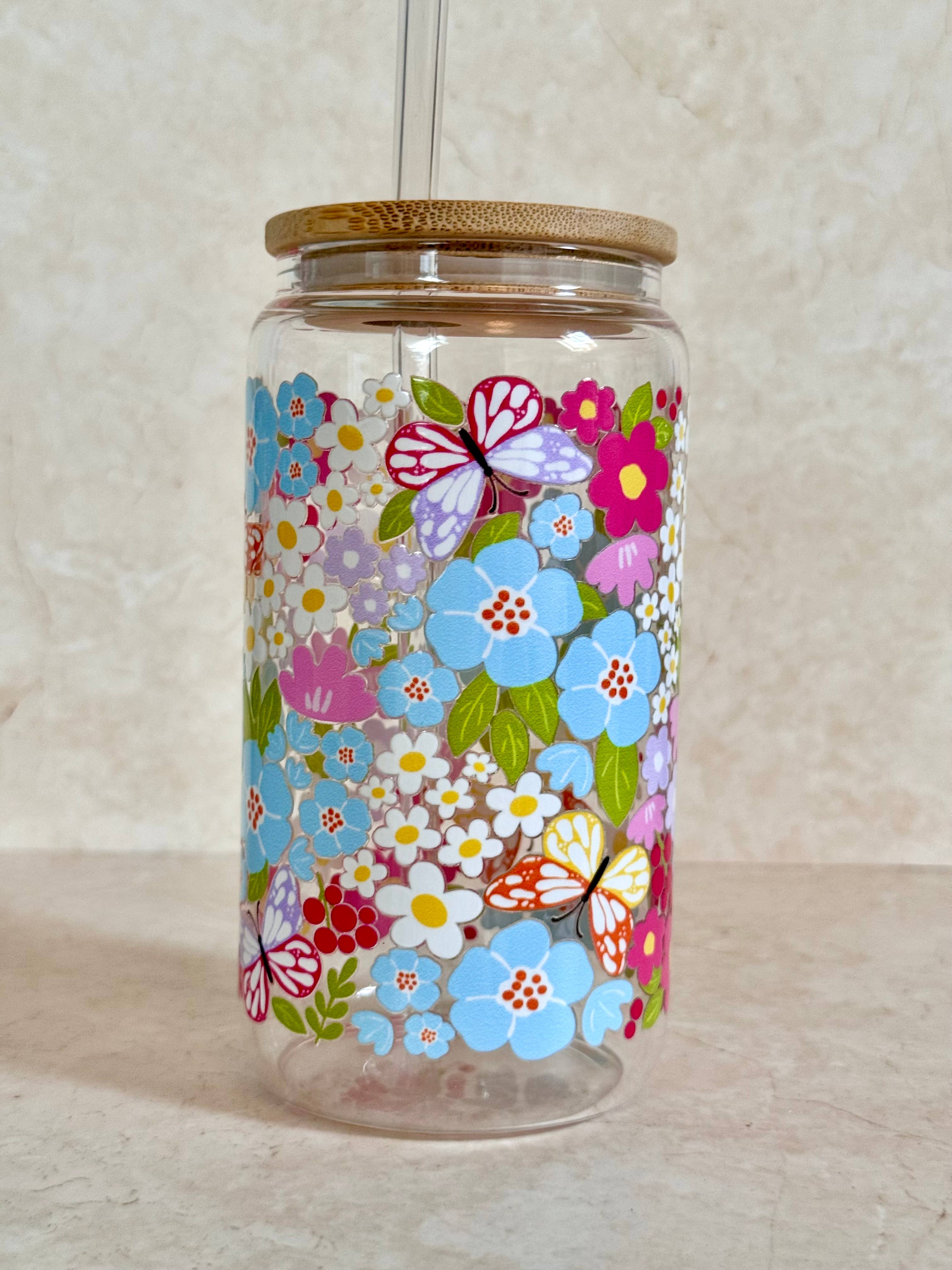 Bouteille avec paille - Fleurs des champs