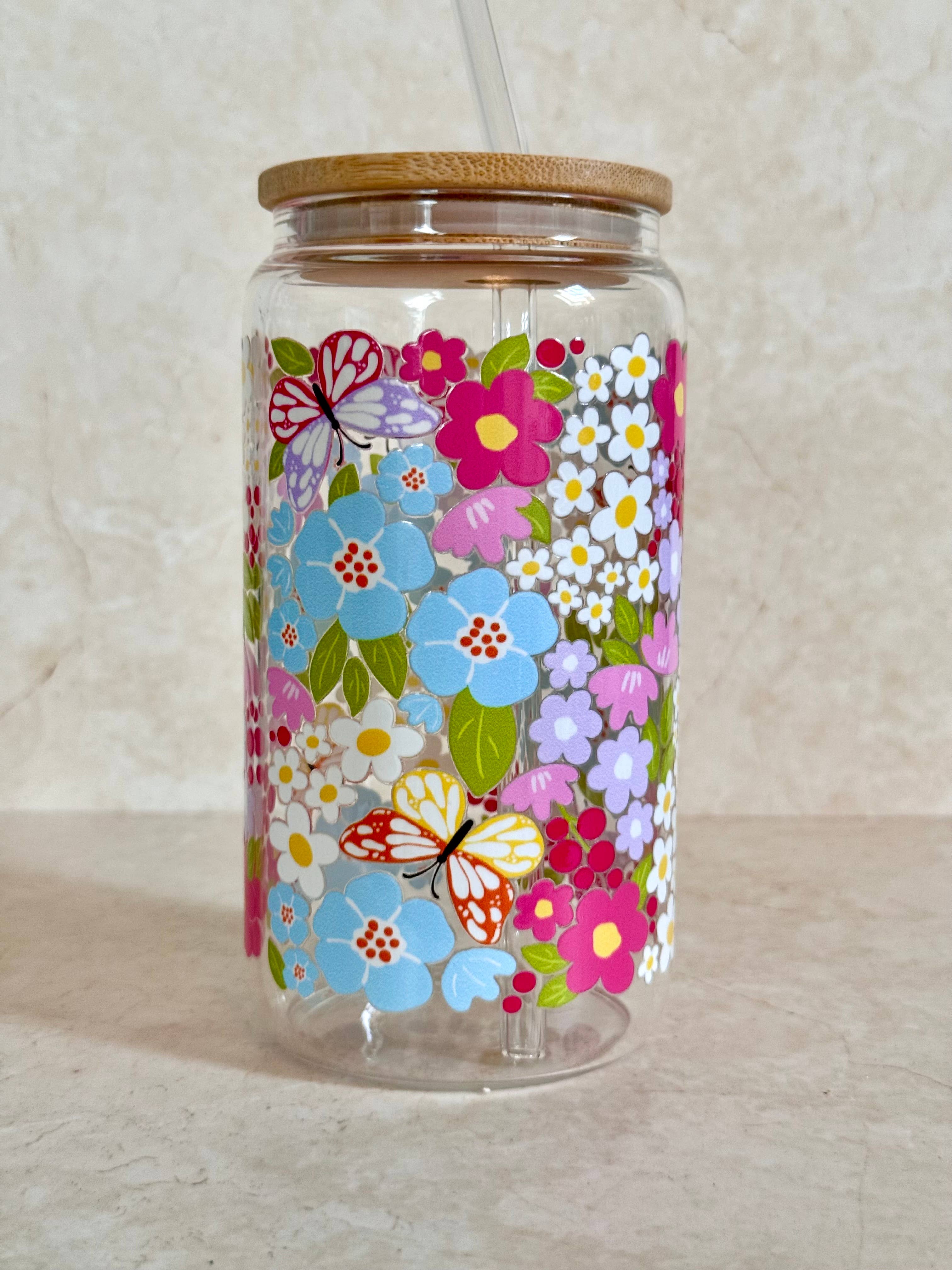 Bouteille avec paille - Fleurs des champs