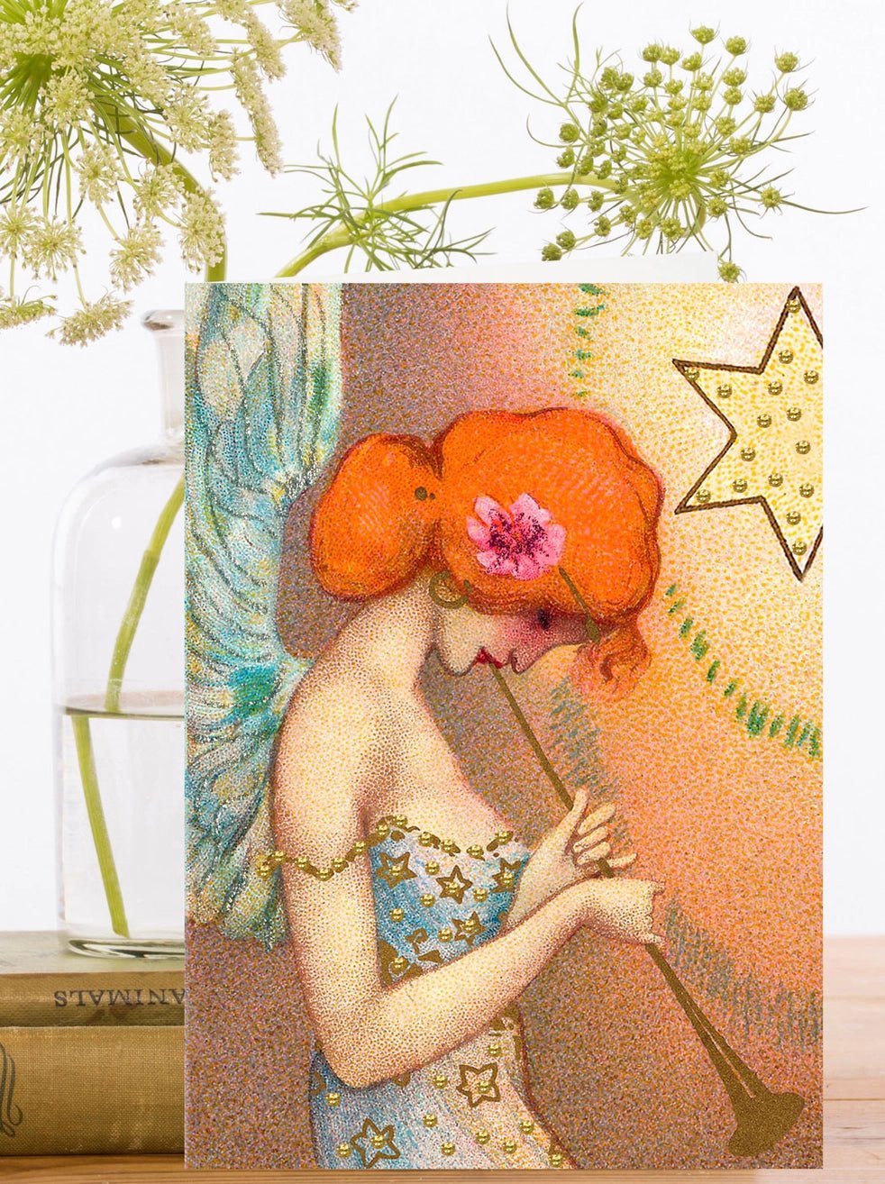 Carte de vœux pailletée - Ange rousse et trompette - La Muchette