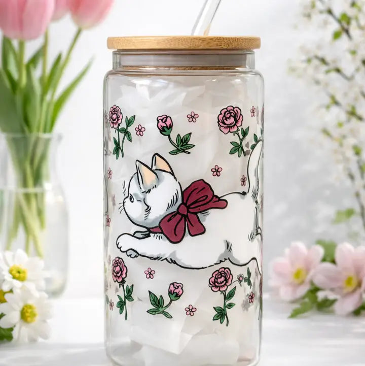 Bouteille avec paille - Chats et Fleurs