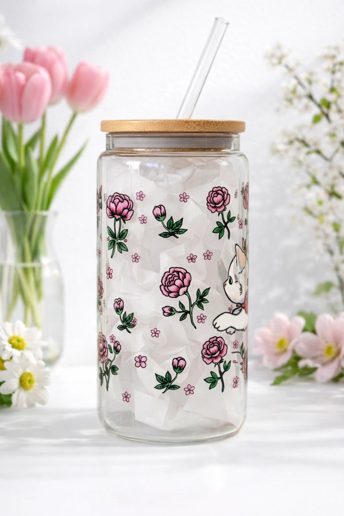Bouteille avec paille - Chats et Fleurs