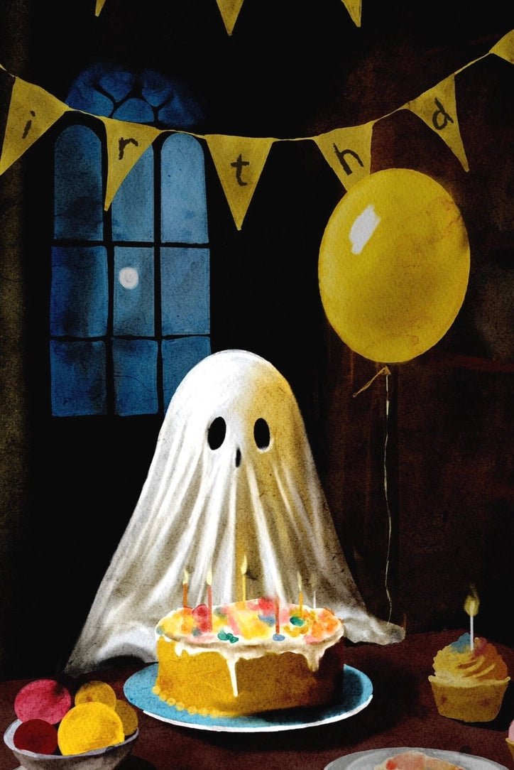 Carte d'anniversaire : fantôme et gâteau