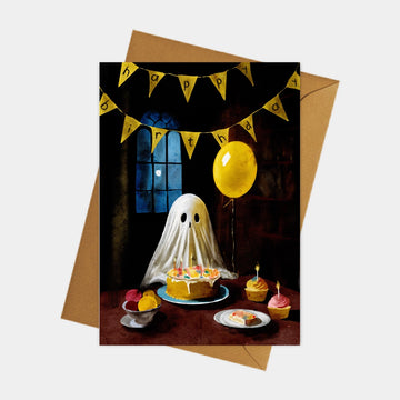 Carte d'anniversaire : fantôme et gâteau