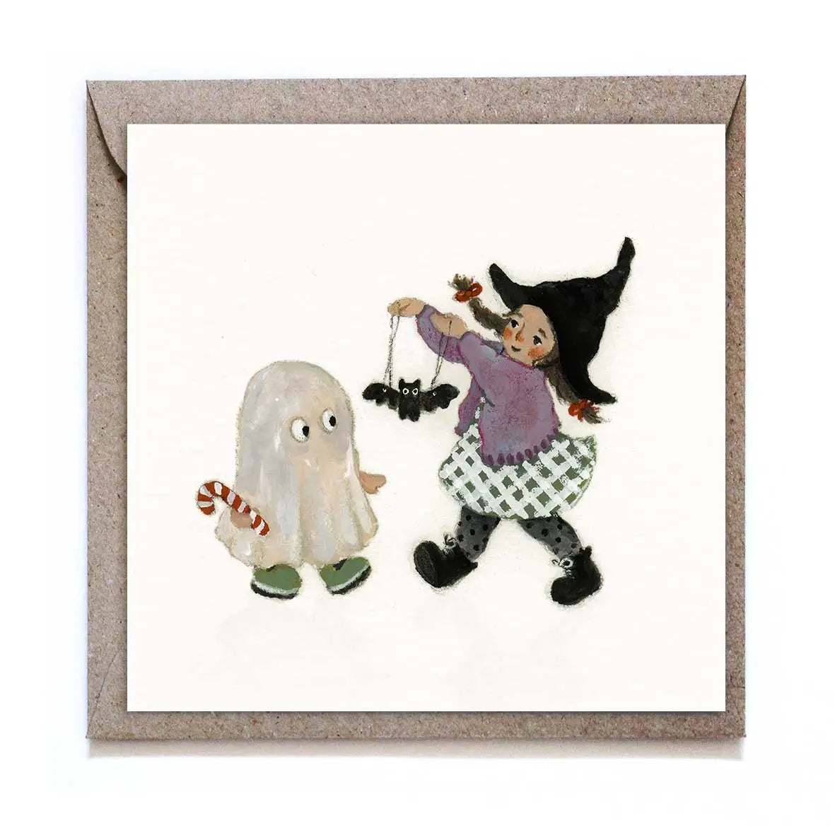 Carte de voeux - Sorcière et fantôme à halloween
