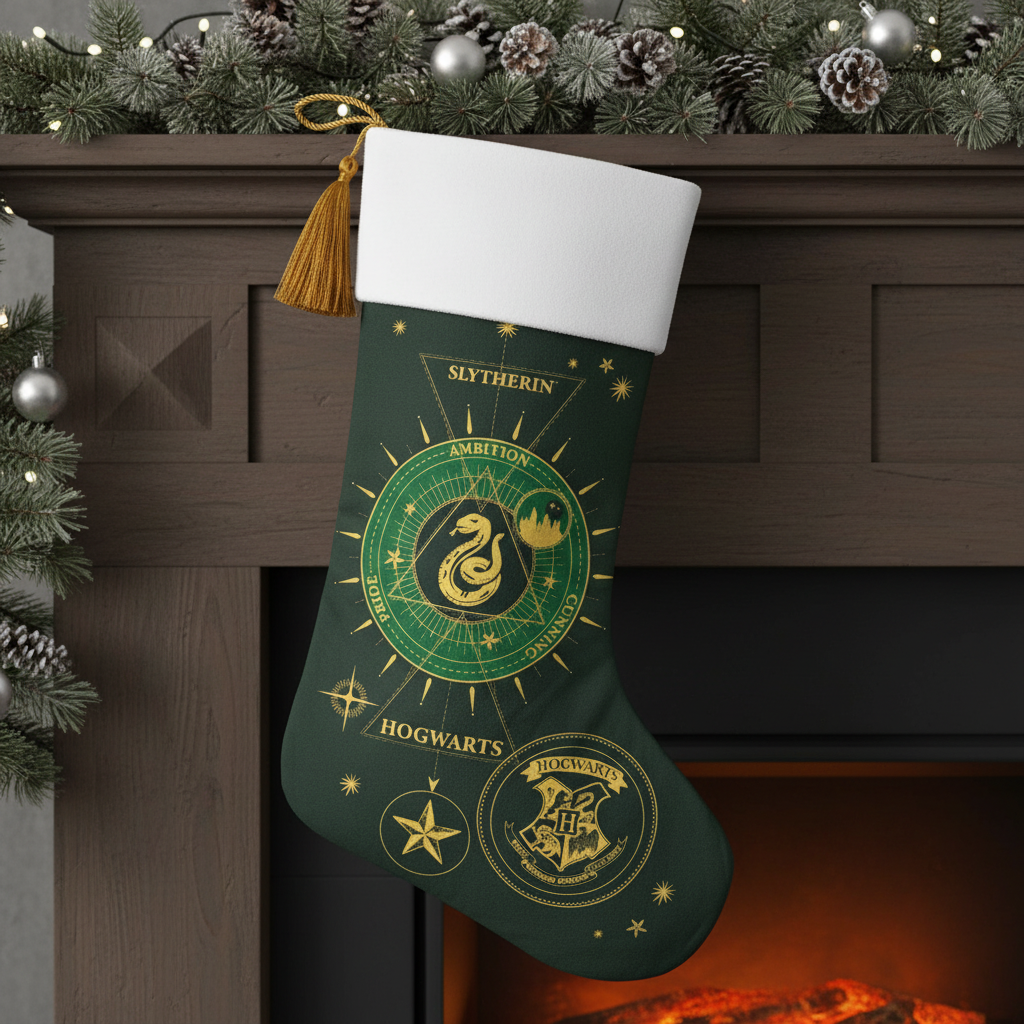 Chaussette de Noël Serpentard - Harry Potter - Collection Bal de Noël 56 cm - Vue artistique et détaillée