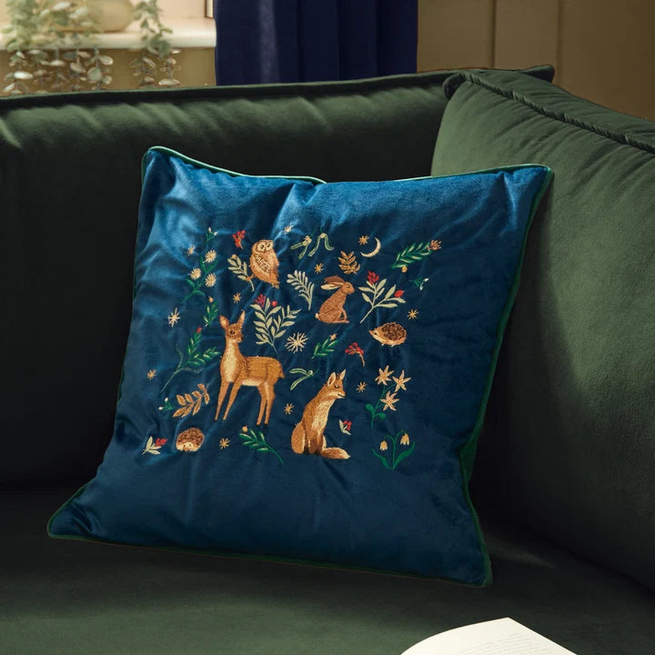 Coussin en velours bleu - Animaux de la forêt