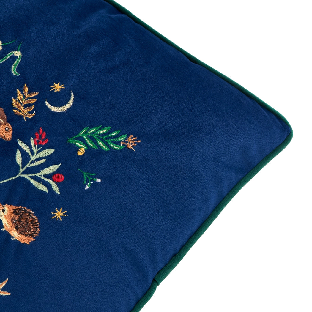 Coussin en velours bleu - Animaux de la forêt