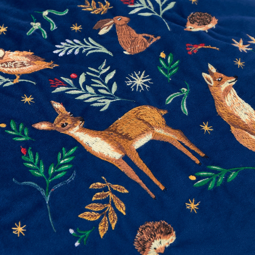 Coussin en velours bleu - Animaux de la forêt