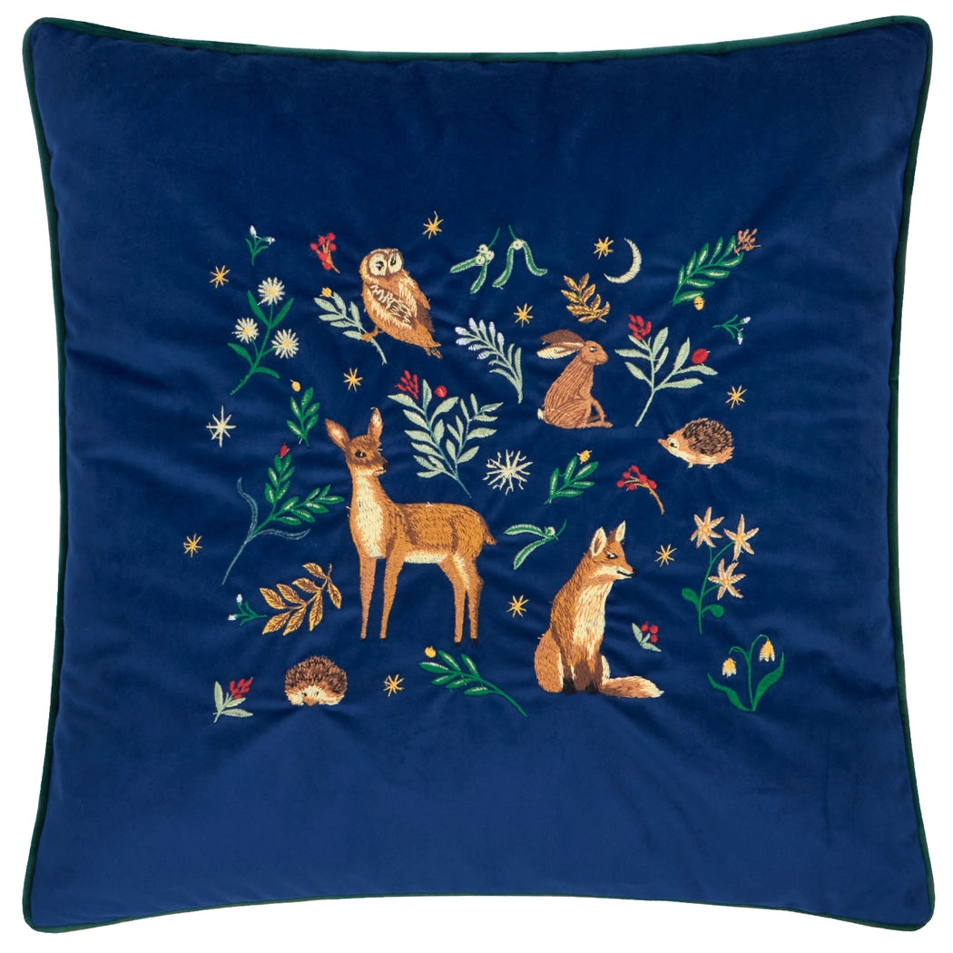 Coussin en velours bleu - Animaux de la forêt