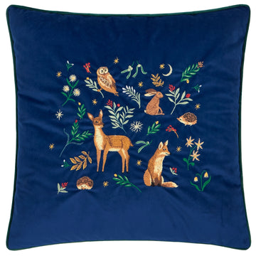 Coussin en velours bleu - Animaux de la forêt