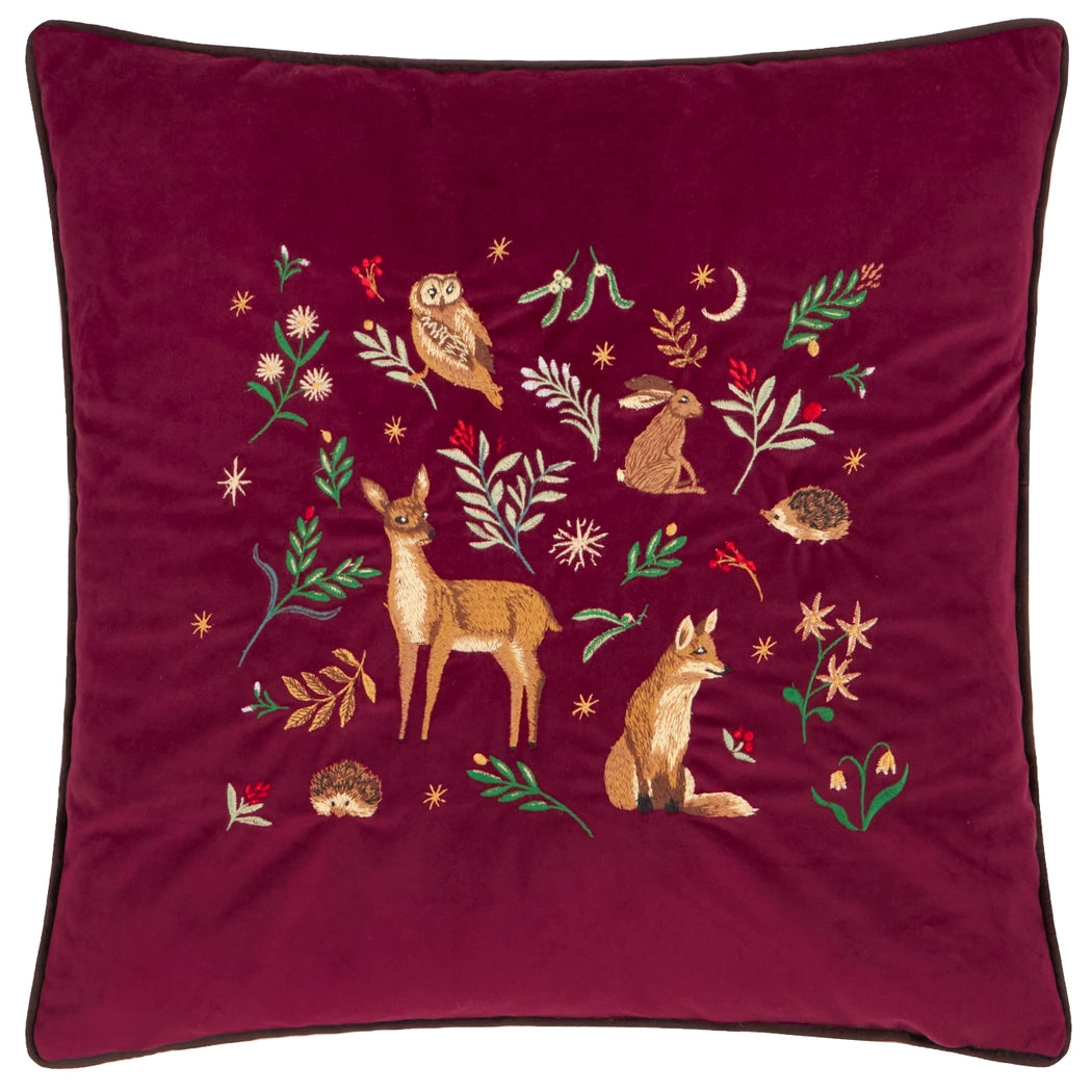 Coussin en velours bordeau - Animaux de la forêt