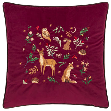Coussin en velours bordeau - Animaux de la forêt
