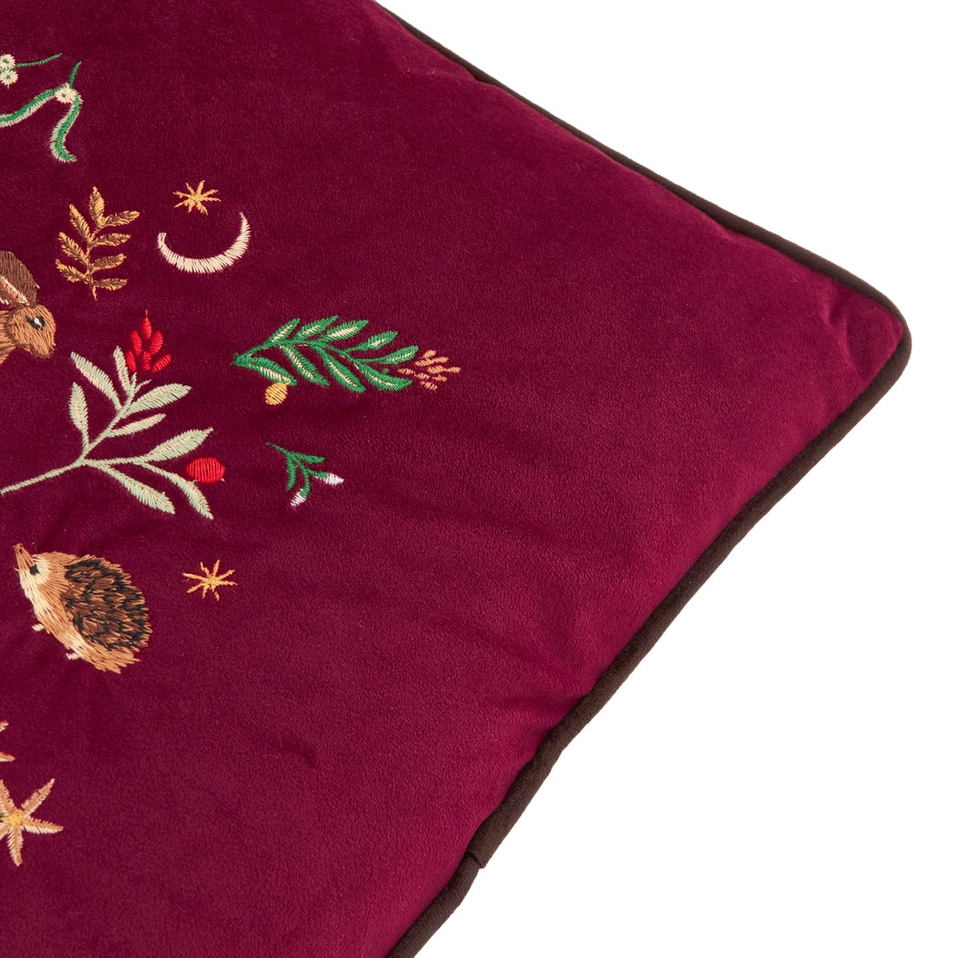 Coussin en velours bordeau - Animaux de la forêt