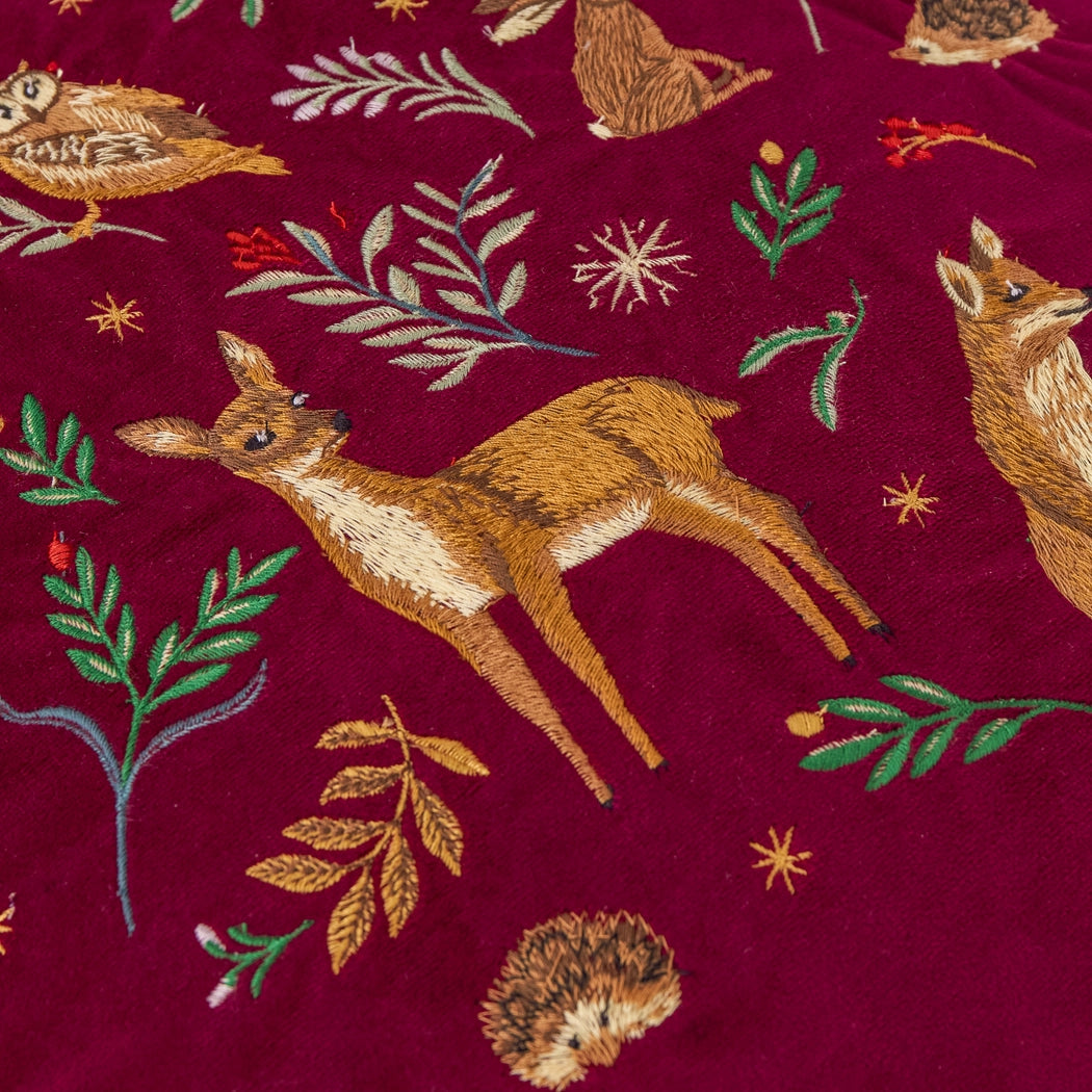Coussin en velours bordeau - Animaux de la forêt