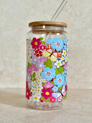 Bouteille avec paille - Fleurs des champs