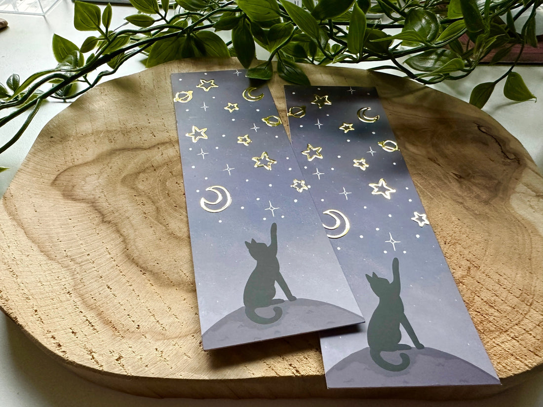 Marque-page avec dorures - Etoiles et Chat