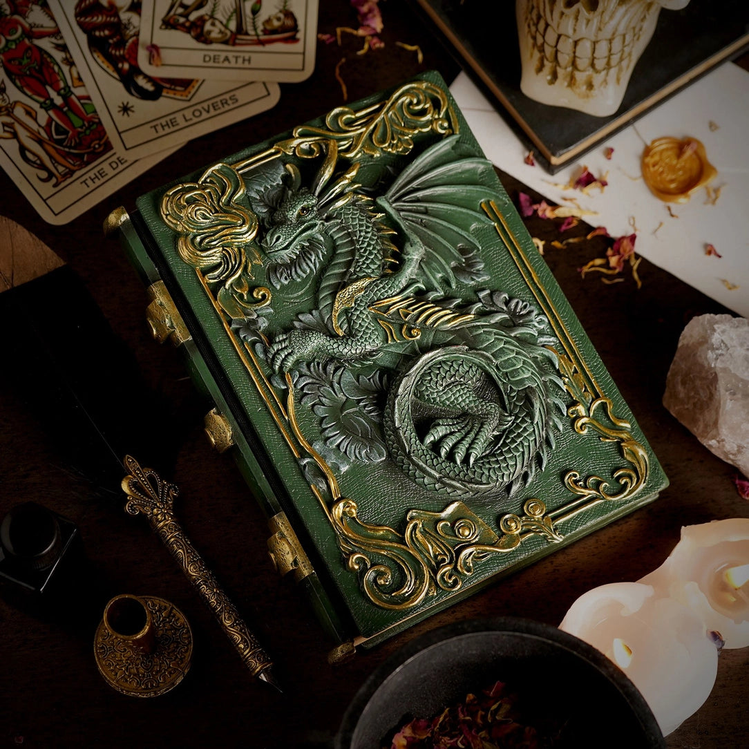 Grimoire 3D Dragon Vert Légendes Mystiques