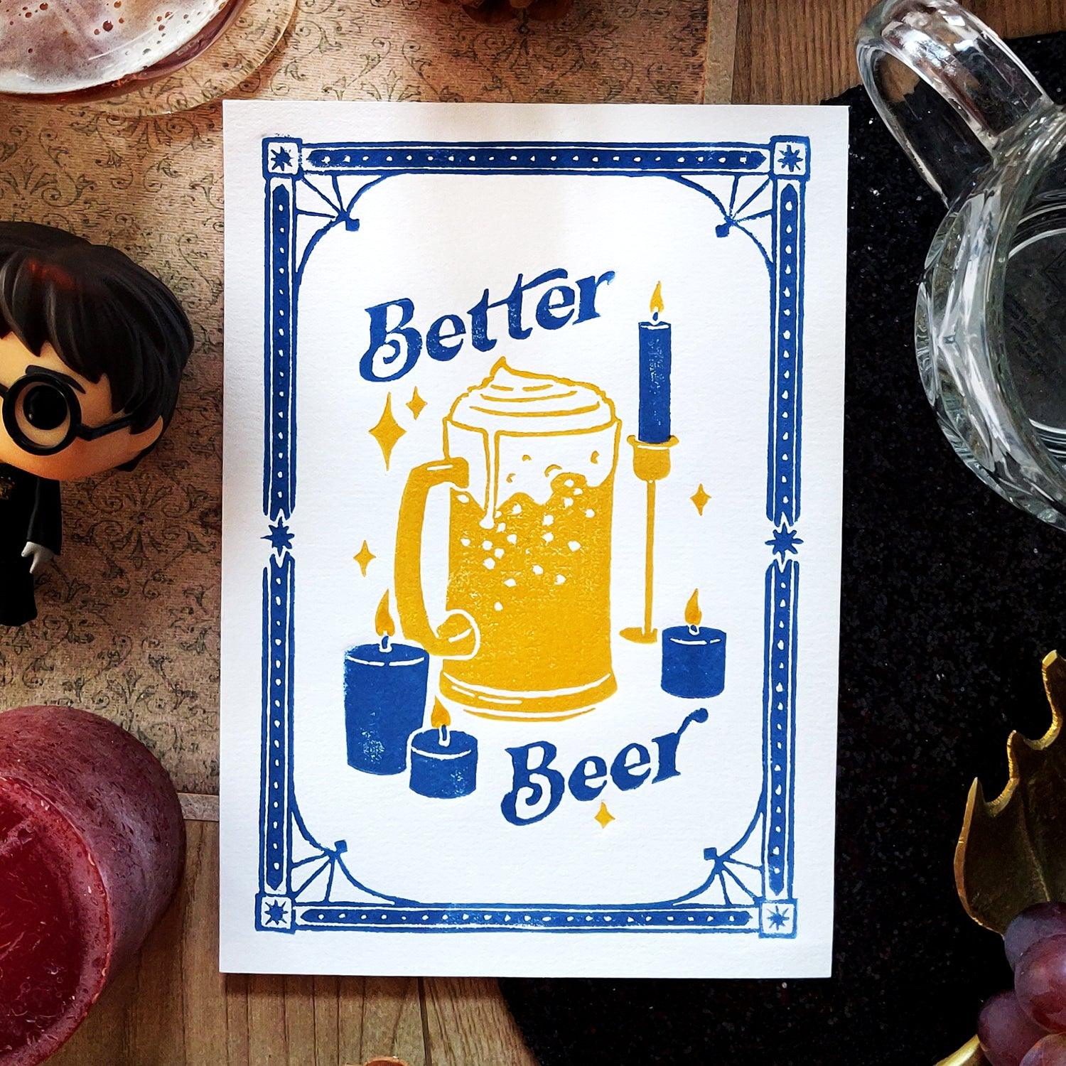 Linogravure - Better Beer A5 (bleu jaune) - La Muchette