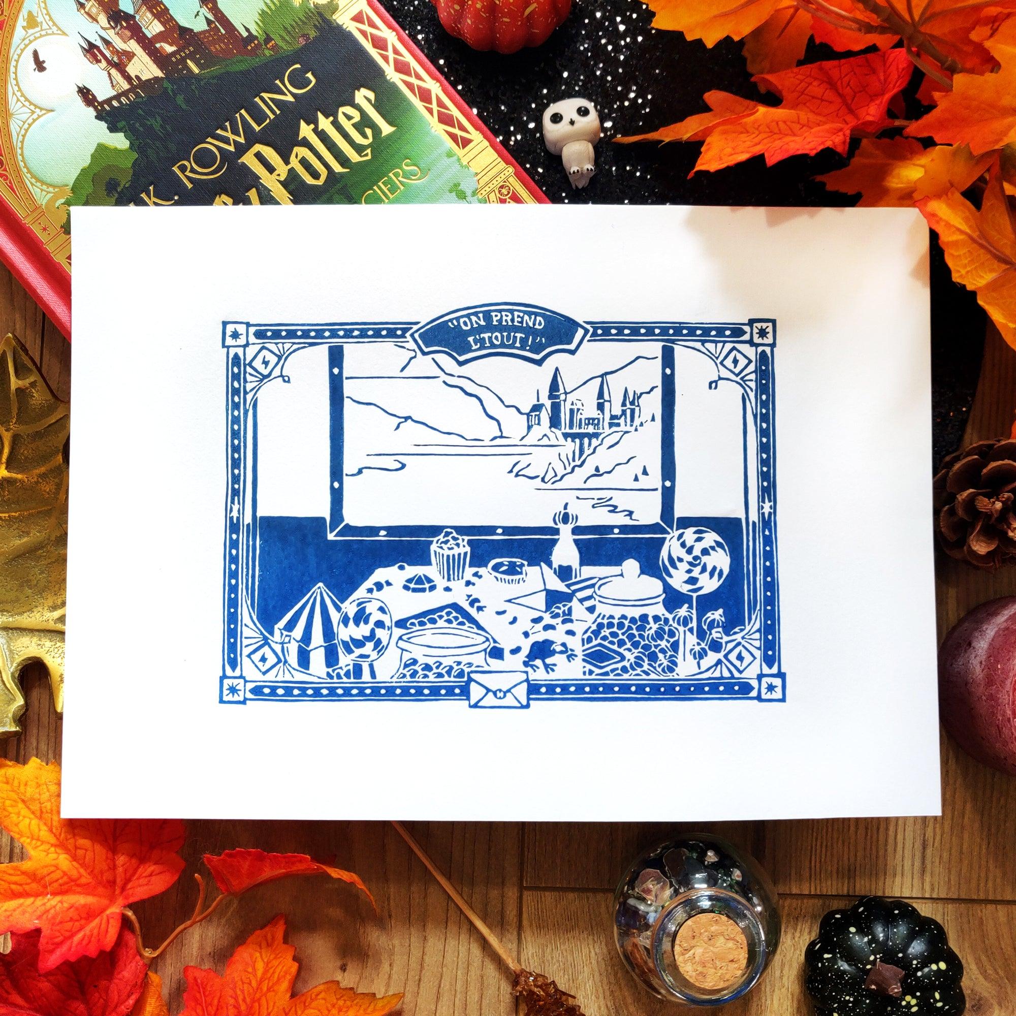 Linogravure - Train Tchou - Tchou A4 (bleu) - La Muchette