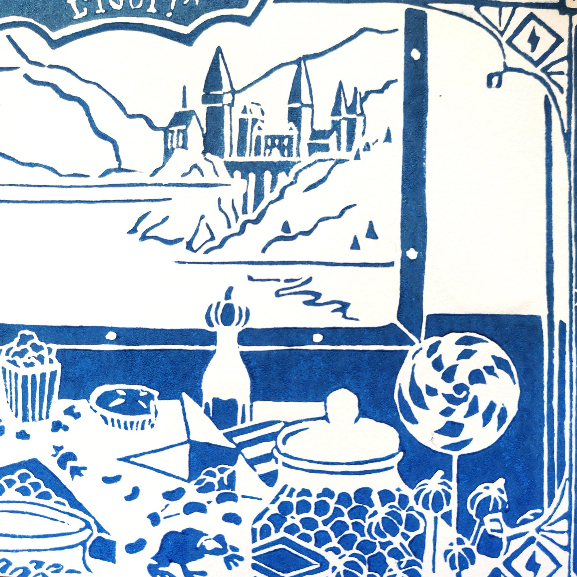 Linogravure - Train Tchou - Tchou A4 (bleu) - La Muchette