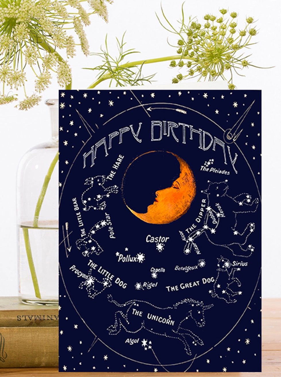 Carte d'anniversaire pailletée - Lune et constellations - La Muchette