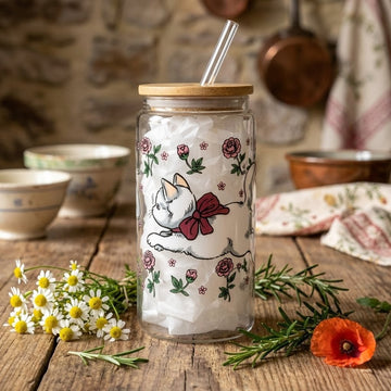 Bouteille avec paille - Chats et Fleurs