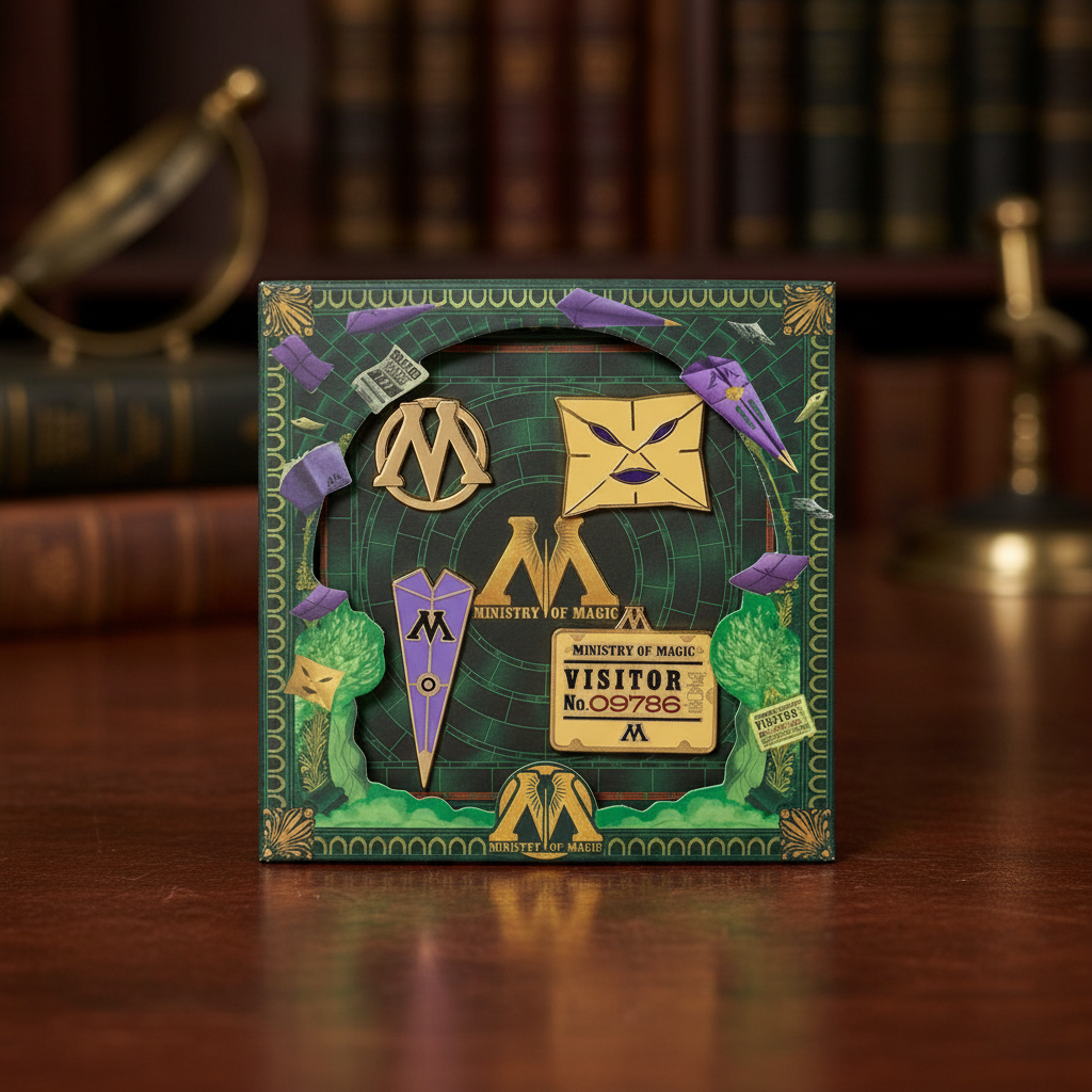 Set de 4 Badges Émaillés Ministère de la Magie - Harry Potter - MinaLima - Vue artistique et détaillée